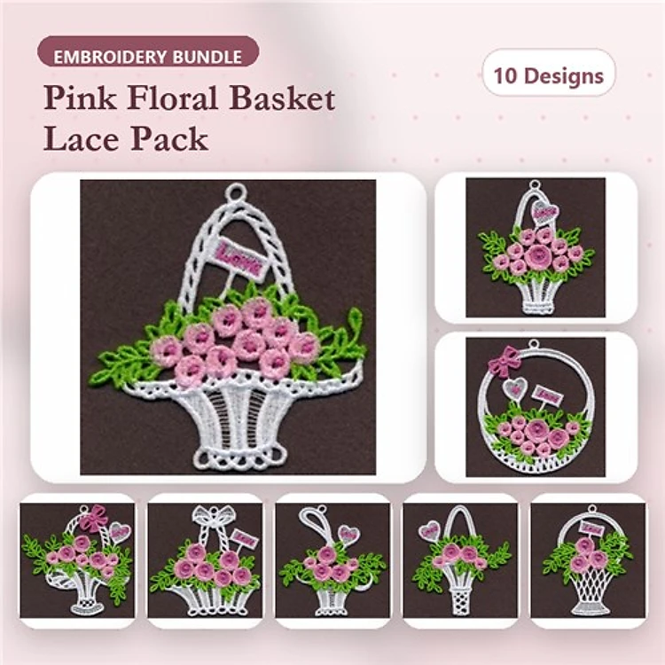FSL Pink Floral Baskets Embroidery Bundle – Floral Basket with Pink Roses, Lace Floral Basket, & More (10 Designs)