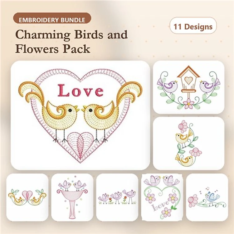 Rippled Charming Birds & Flowers Embroidery Designs Bundle – Birds in Heart, Birdhouse, Decorative Bird & More (11 Designs)