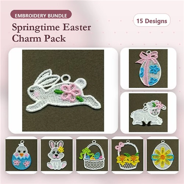 FSL Easter Charm Embroidery Bundle – Bunny, Lamb, Easter Egg & More (15 Designs)