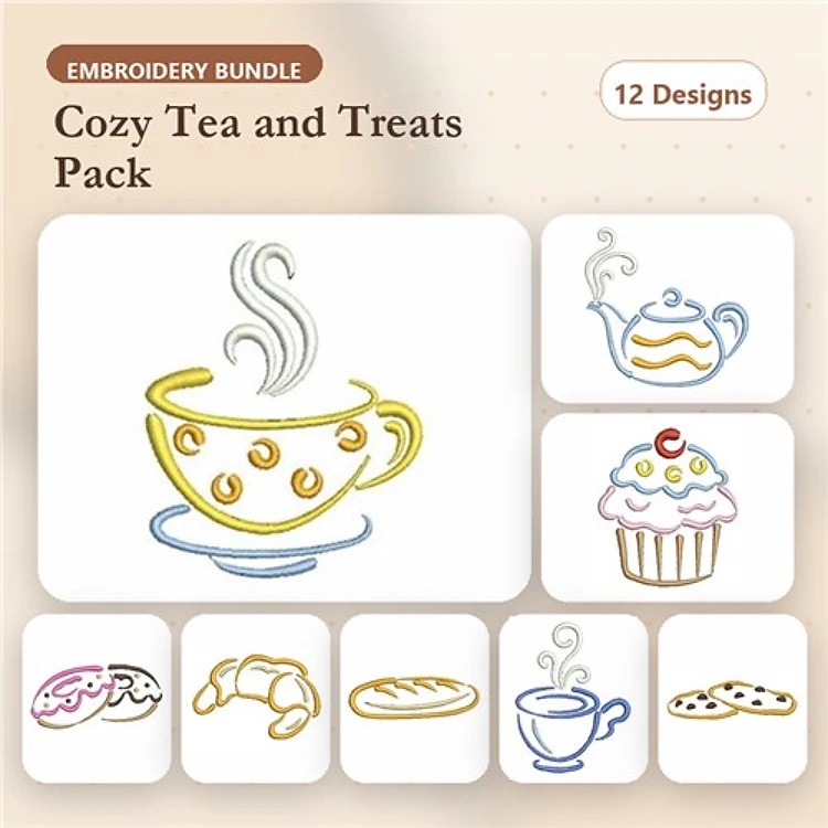 Tea and Treats Embroidery Designs Bundle – Tea Cup, Cupcake, Tea Pot, Coffee Cup & More (12 Designs)