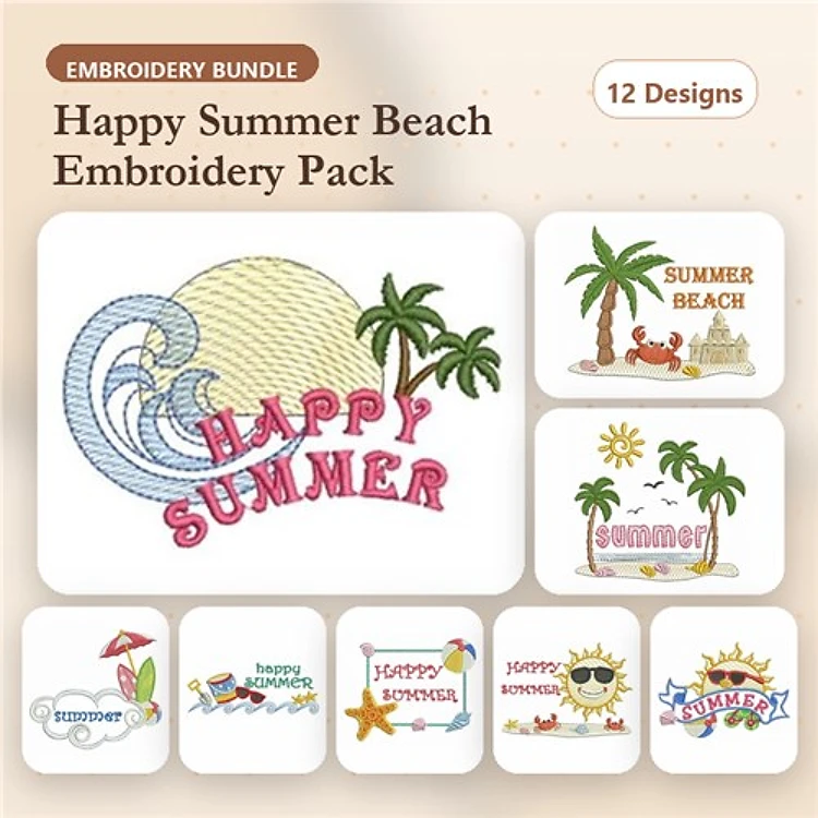 Summer Beach Embroidery Designs Bundle – Happy Summer Text, Palm Tree, Sun with Sunglasses & More (12 Designs)