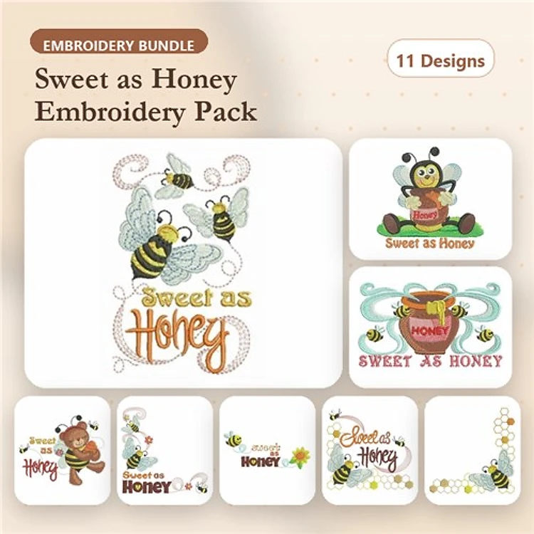 Bee and Honey Embroidery Designs Bundle – Buzzing Bees, Honey Jar with Bees, Sweet as Honey Text & More (11 Designs)