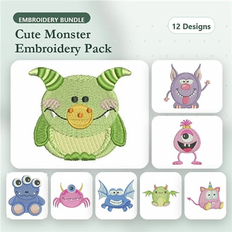 Cute Monsters Embroidery Designs Bundle – Green Monster, Purple Monster, Blue Monster with Eyes & More (12 Designs)