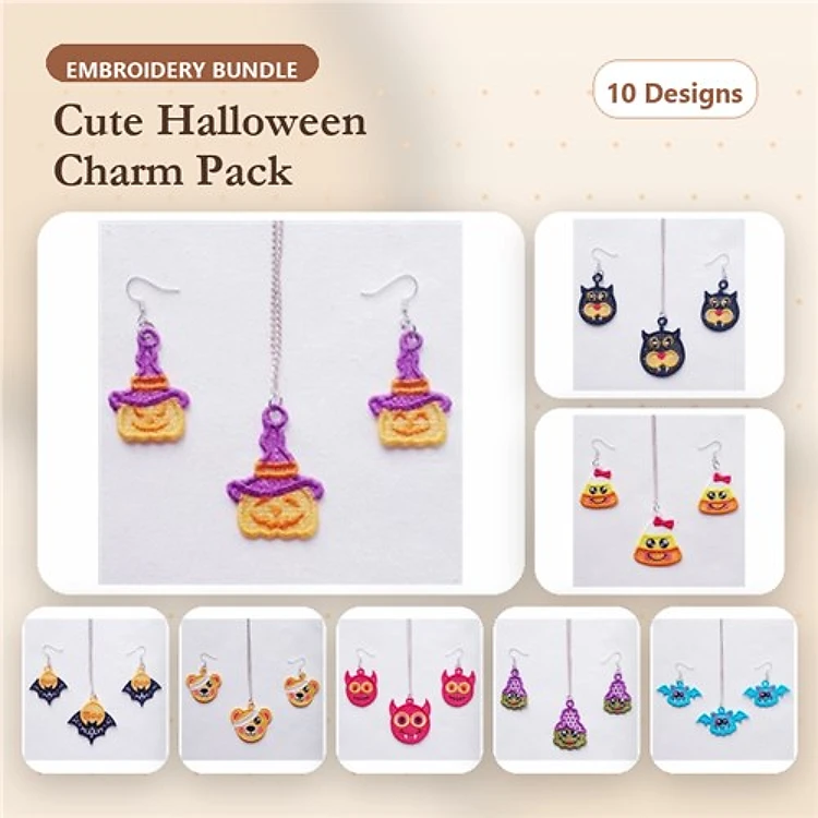 FSL Halloween Charms Embroidery Designs Bundle – Pumpkin, Witch Hat, Bat & More (10 Designs)