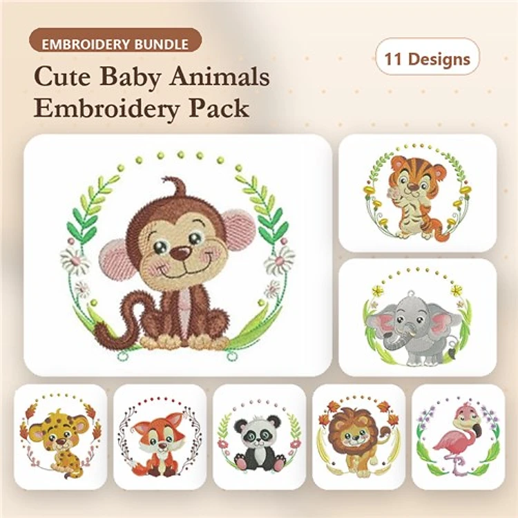 Cute Baby Animals Embroidery Bundle – Monkey, Lion Cub, Elephant, Panda & More (11 Designs)