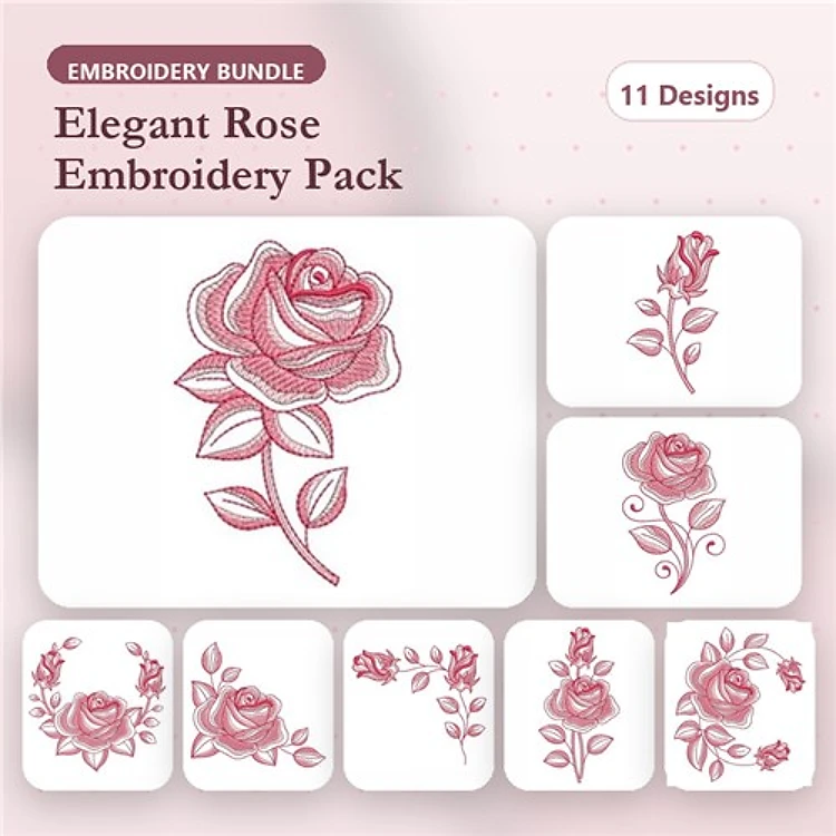 Redwork Elegant Roses Embroidery Designs Bundle – Rose Stem, Rose Bouquet, Ornate Rose & More (11 Designs)