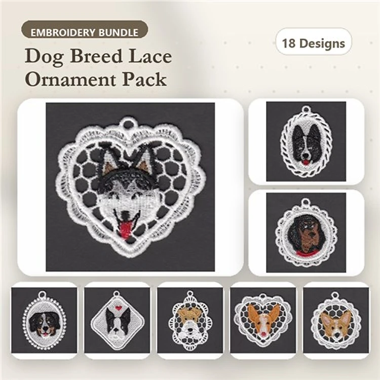Dog Breed Lace Ornament Embroidery Bundle – 10 Unique Designs