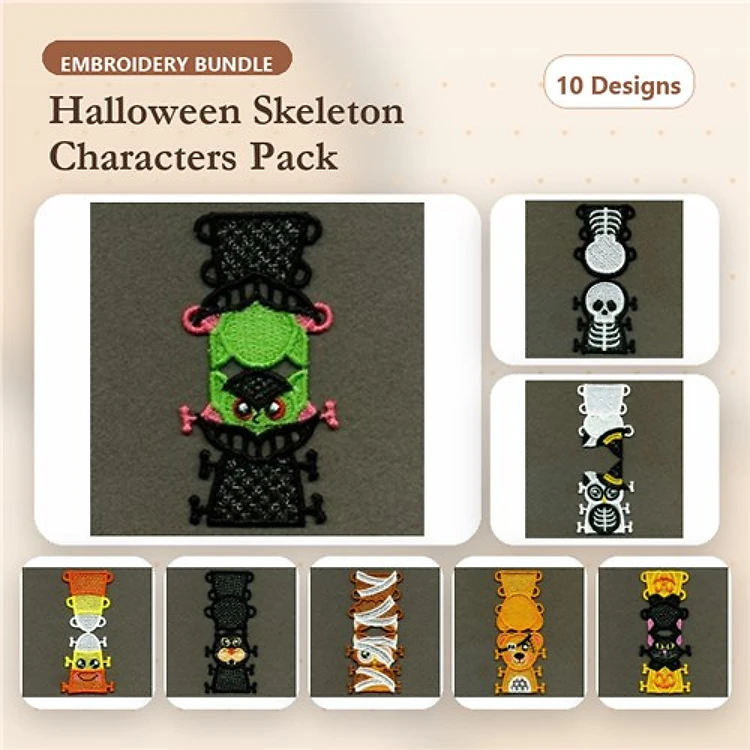 FSL Halloween Skeleton Characters Embroidery Bundle – Witch Hat, Pumpkin, Spider & More (10 Designs)