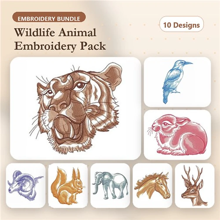Wildlife Animals Embroidery Bundle – Tiger Portrait, Kingfisher, Rabbit & More (10 Designs)