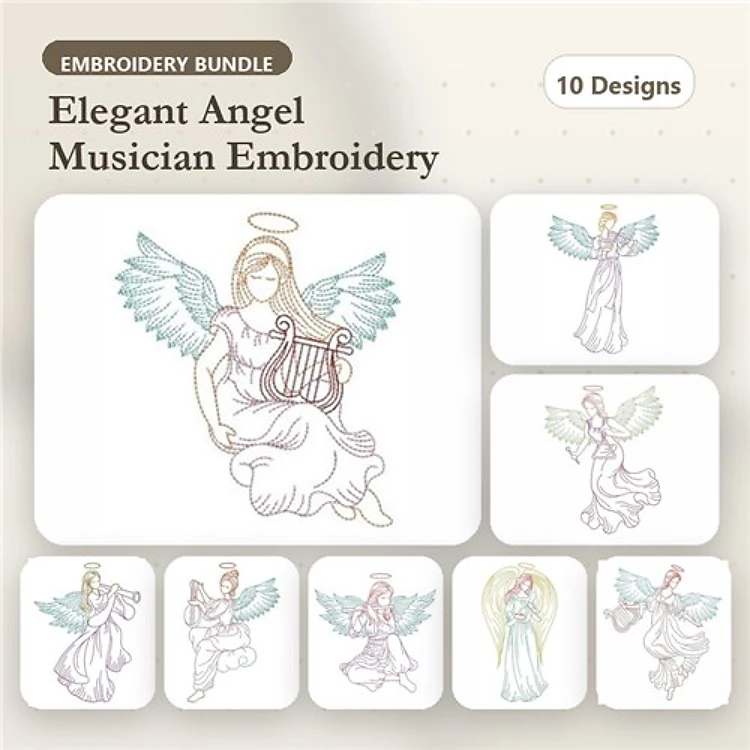 Redwork Elegant Angel Musician Embroidery Bundle – Angel with Harp, Singing Angel, Angel with Lyre & More (10 Designs)