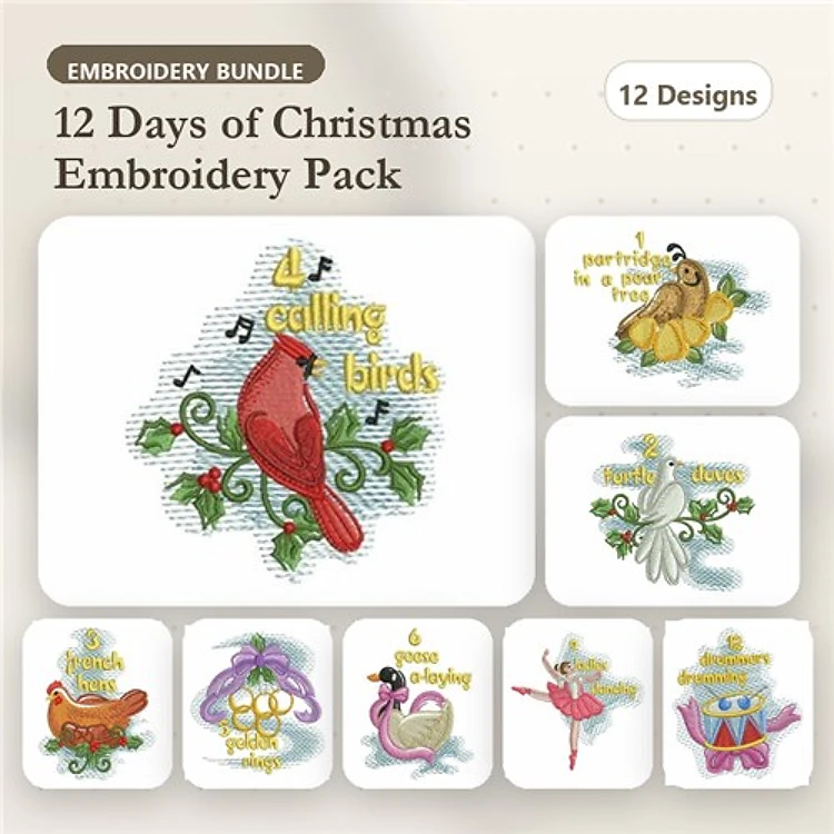 12 Days of Christmas Embroidery Designs Bundle – Cardinal, Golden Hen, Silver Swans & More (12 Designs)