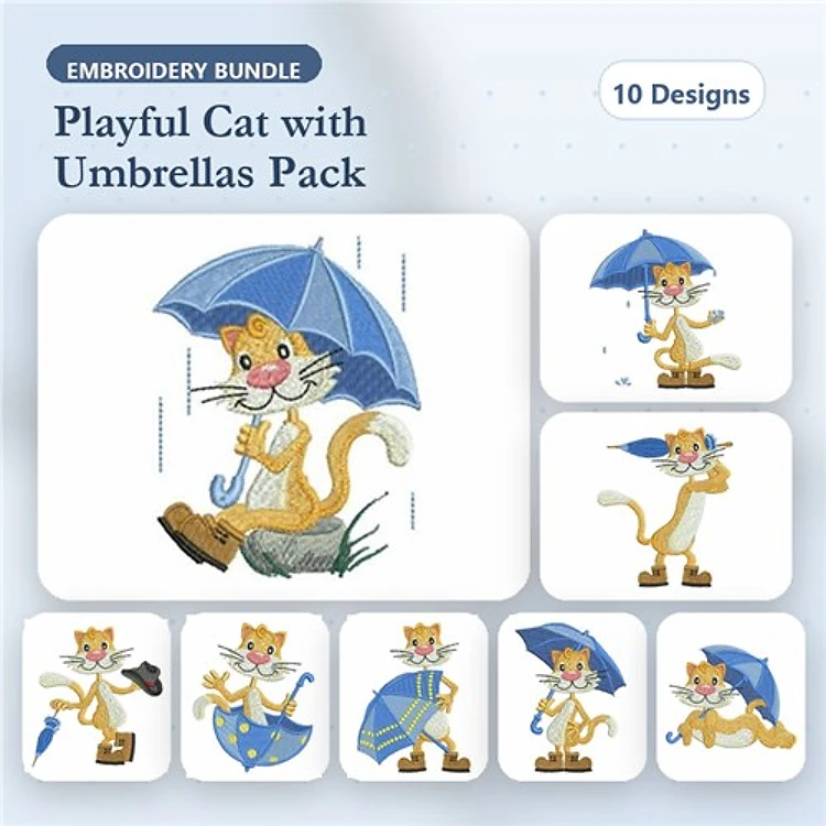 Playful Cat Embroidery Bundle – Cat with Umbrellas, Cat with Shoe, Cat with Flower Hat & More (10 Designs)
