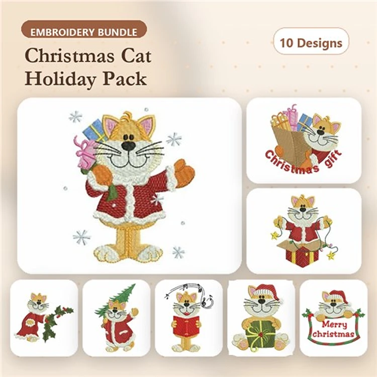 Christmas Cat Embroidery Designs Bundle – Christmas Cat with Gift, Cat in Santa Hat, & More (10 Designs)