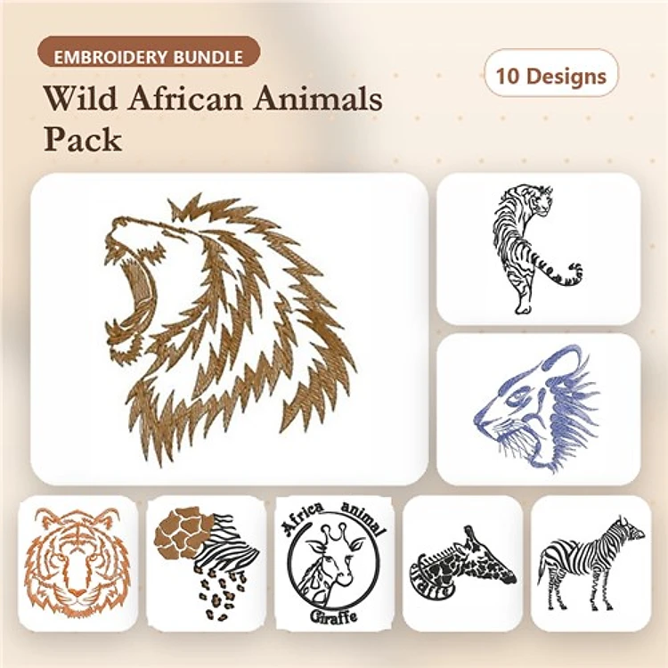 Wild African Animals Embroidery Designs Bundle – Lion, Tiger, Leopard, Zebra & More (10 Designs)