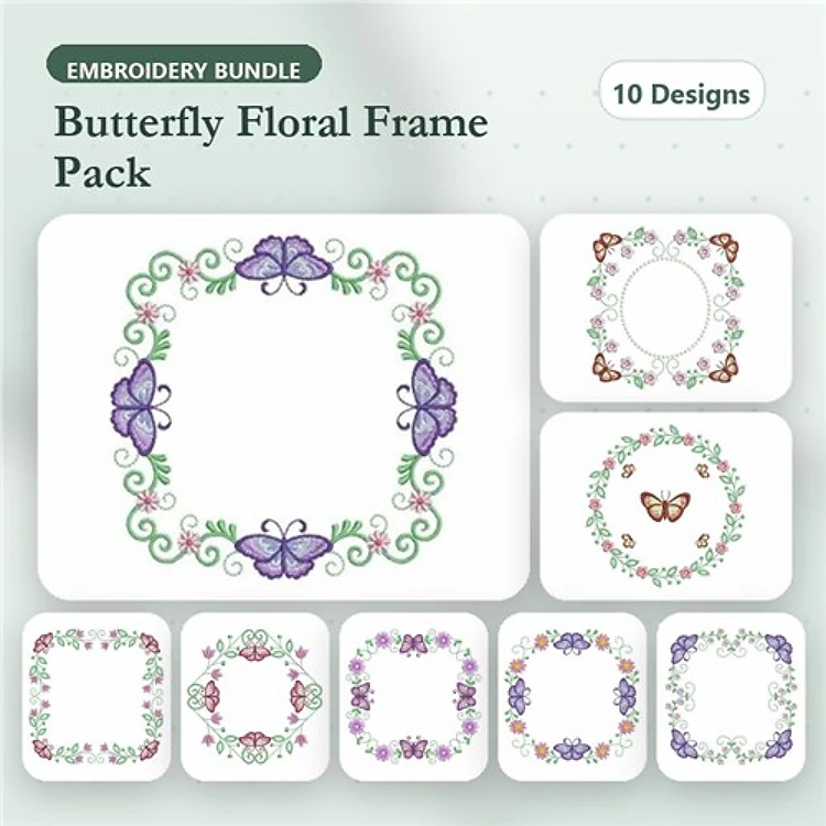 Butterfly & Floral Embellishments Embroidery Designs Bundle – Ornamental Frame, Decorative Border & More (10 Designs)