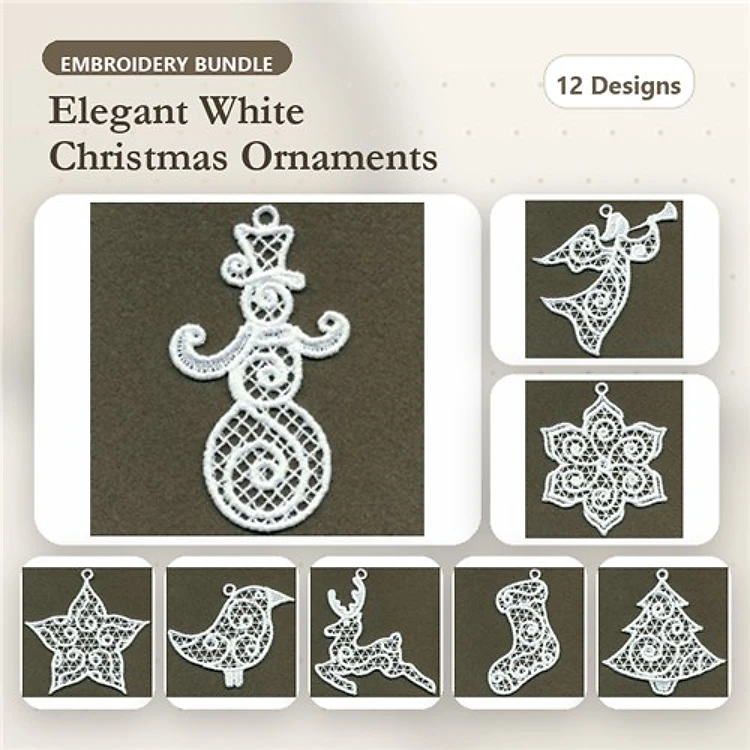 FSL Elegant White Christmas Ornaments Embroidery Designs Bundle – Snowman, Star, Bird, Reindeer & More (12 Designs)