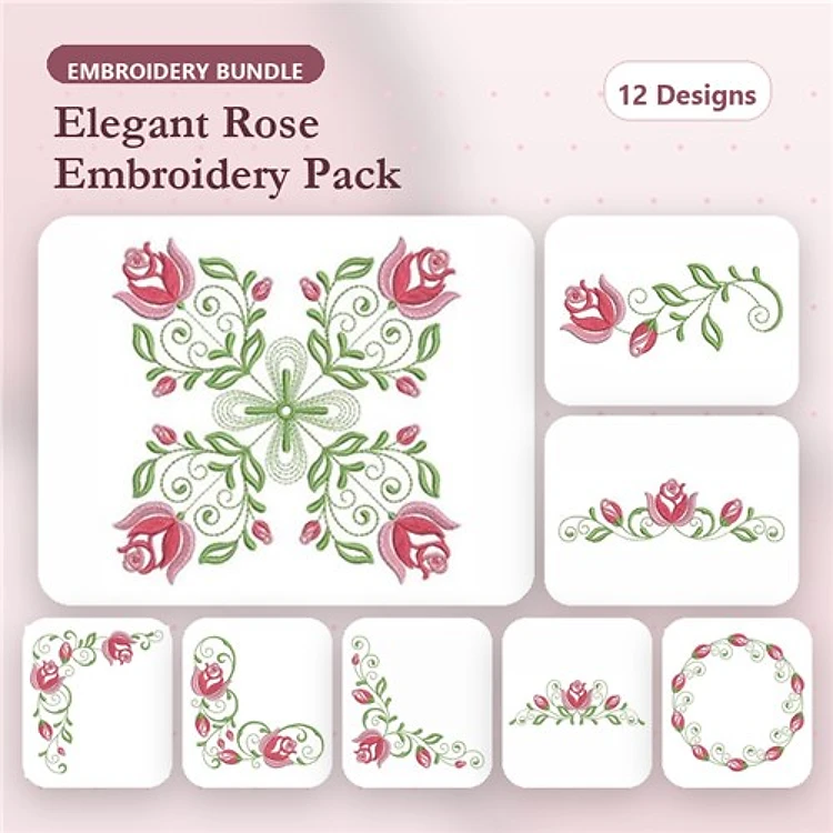 Applique Elegant Rose Embroidery Bundle – Floral Rose Square, Rose Vine Border, Rose Corner Accent & More (12 Designs)