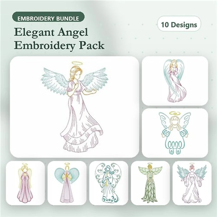 Elegant Angel Embroidery Bundle – Angel with Halo, Winged Angel, Graceful Angel & More (10 Designs)