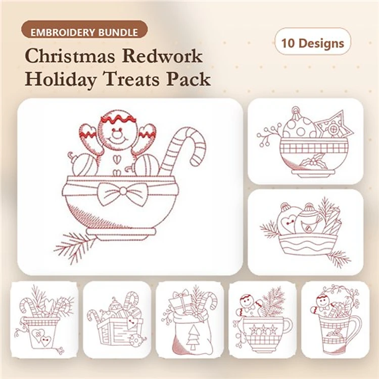 Redwork Christmas Holiday Treats Embroidery Designs Bundle – Gingerbread Man, Christmas Mug, Basket of Hearts & More (10 Designs)