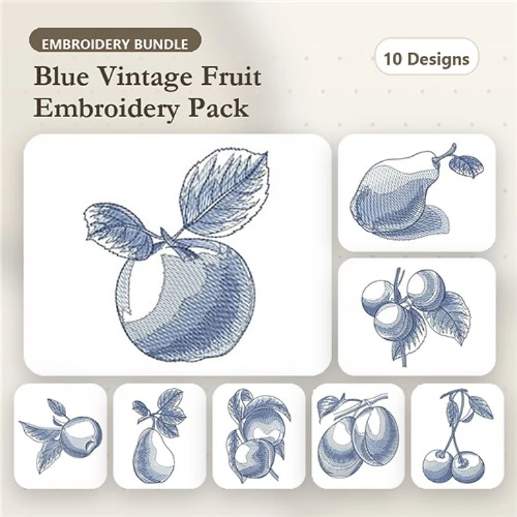 Blue Vintage Fruit Embroidery Designs Bundle – Apple, Pear, Cherry, Plum & More (10 Designs)