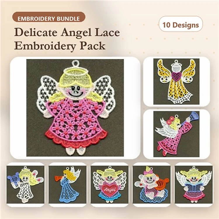 FSL Delicate Lace Angels Embroidery Bundle – Pink, Blue, Yellow Dress & More (10 Designs)
