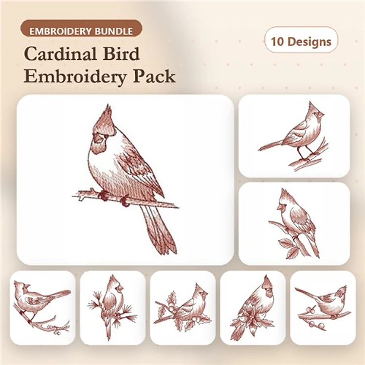 Redwork Cardinal Birds Embroidery Bundle – Cardinal on Branch, Cardinal in Flight, Cardinal Pair & More (10 Designs)