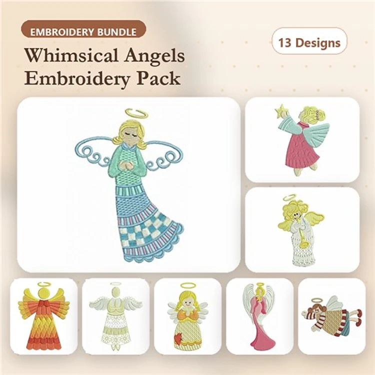 Whimsical Angels Embroidery Designs Bundle – Angel with Halo, Angel in Red Dress, Angel with Flowers & More (13 Designs)
