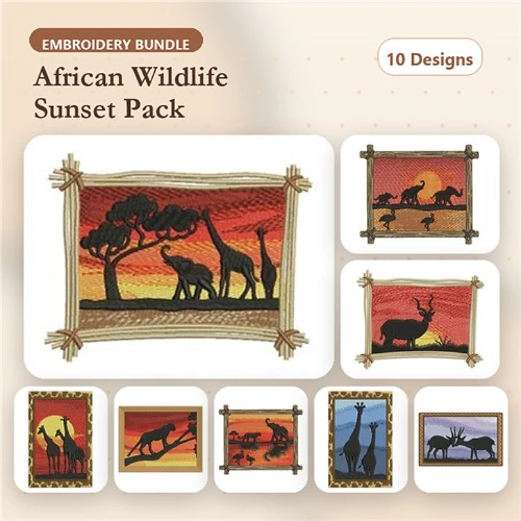 African Wildlife Silhouettes Embroidery Designs Bundle – Giraffes, Elephants, Lion & More (10 Designs)