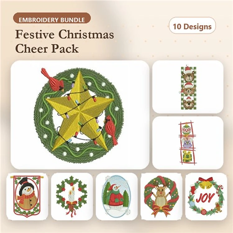 Christmas Cheer Embroidery Bundle – Christmas Star Wreath, Snowman with Gifts, Joy Script Text & More (10 Designs)