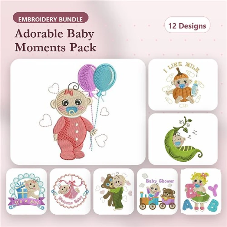 Baby-Themed Embroidery Designs Bundle – Baby with Balloons, I Like Milk, Baby Shower & More (12 Designs)