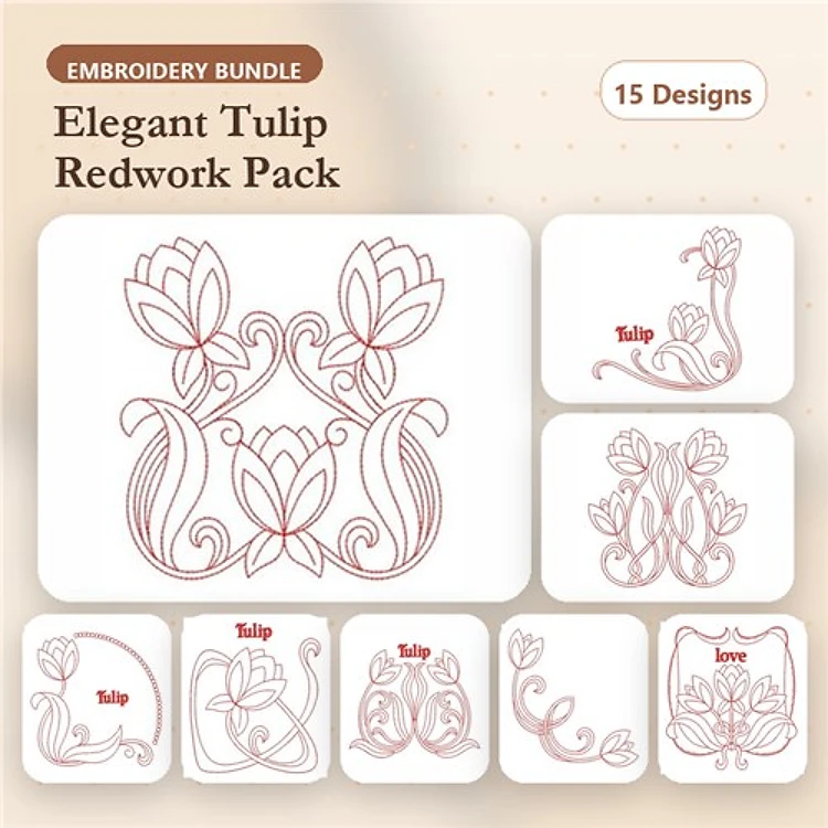 Redwork Floral Embroidery Designs Bundle – Elegant Tulip Arrangement, Tulip with Swirls, Tulip Cluster & More (15 Designs)
