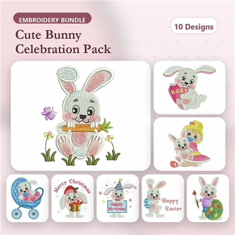 Bunny Celebrations Embroidery Bundle – Cute Bunny with Flowers, Happy Easter Bunny, Bunny with Balloons & More (10 Designs)