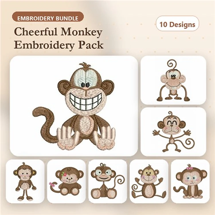 Cheerful Monkeys Embroidery Designs Bundle – Smiling Monkey, Playful Monkey, Monkey with Heart & More (10 Designs)