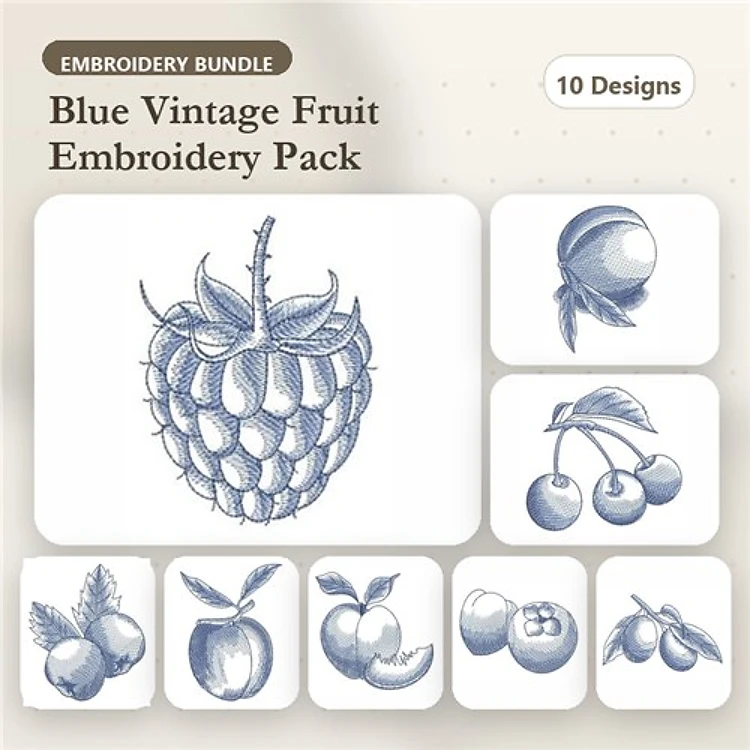 Blue Vintage Fruit Embroidery Designs Bundle – Raspberry, Cherry, Apple & More (10 Designs)