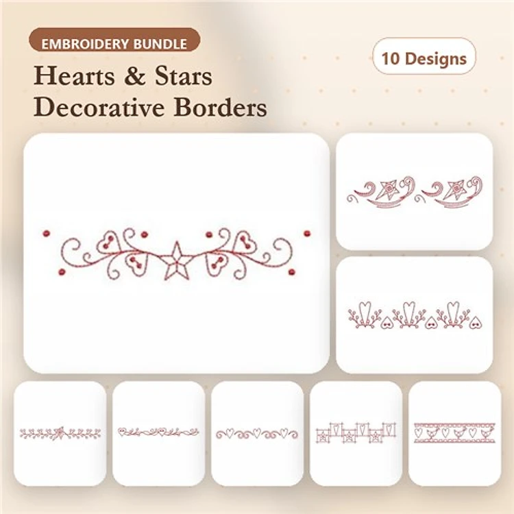 Redwork Hearts & Stars Embellishments Embroidery Designs Bundle – Heart and Star Border, Floral Heart Border & More (10 Designs)