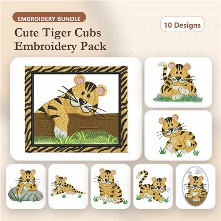 Cute Tiger Cubs Embroidery Designs Bundle – Sitting Tiger Cub, Tiger Cub in Grass, Playing Tiger Cub & More (10 Designs)