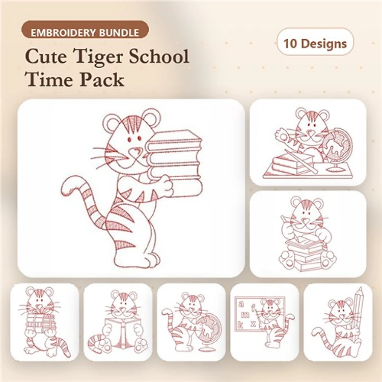 Redwork Cute Tiger School Embroidery Bundle – Tiger with Books, Tiger Holding Globe, Tiger with Backpack & More (10 Designs)