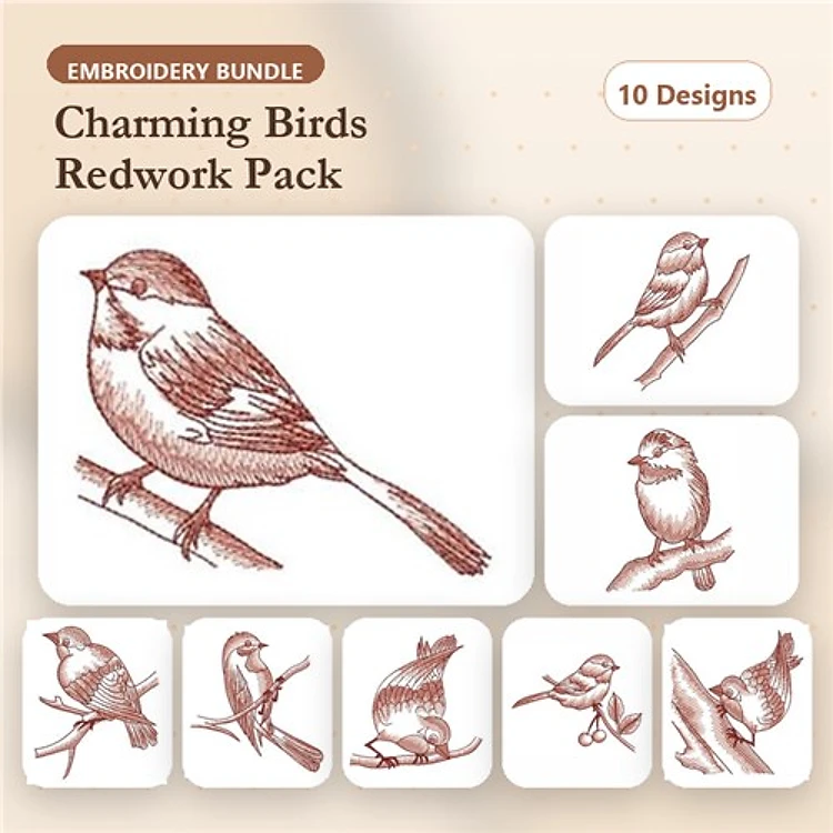 Redwork Charming Birds Embroidery Bundle – Sparrow, Chickadee, Songbird & More (10 Designs)