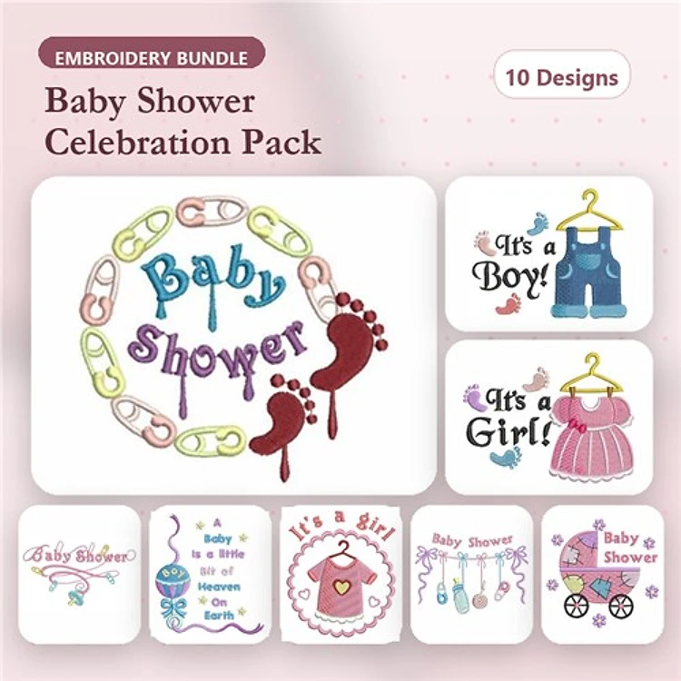 Baby Shower Celebration Embroidery Bundle – Baby Shower Circle, It's a Boy, It's a Girl & More (10 Designs)