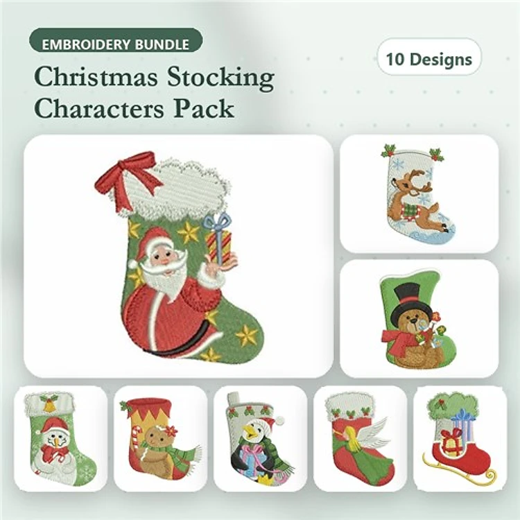 Christmas Stocking Characters Embroidery Bundle – Santa, Reindeer, Snowman, Bear & More (10 Designs)