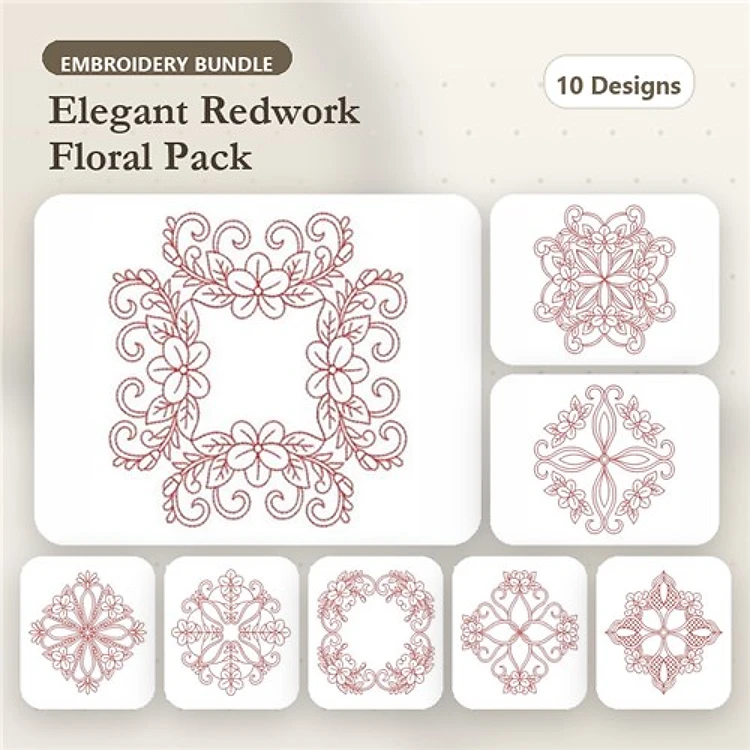 Redwork Floral Embellishment Embroidery Bundle – Floral Frame with Swirls, Flower Medallion, Four-Petal Flower & More (10 Designs)