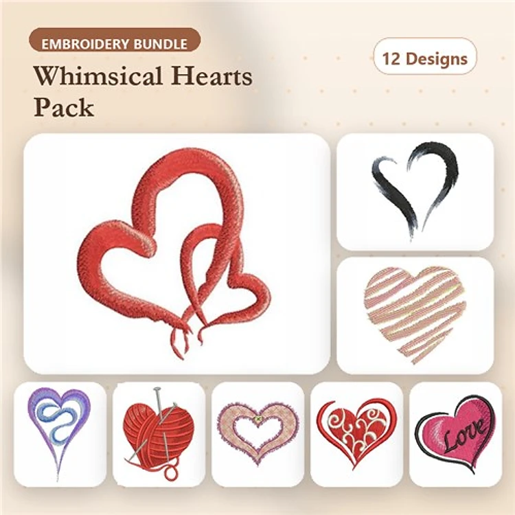 Whimsical Heart Embroidery Designs Bundle – Red Heart with Thread, Twin Hearts, Black Heart & More (12 Designs)