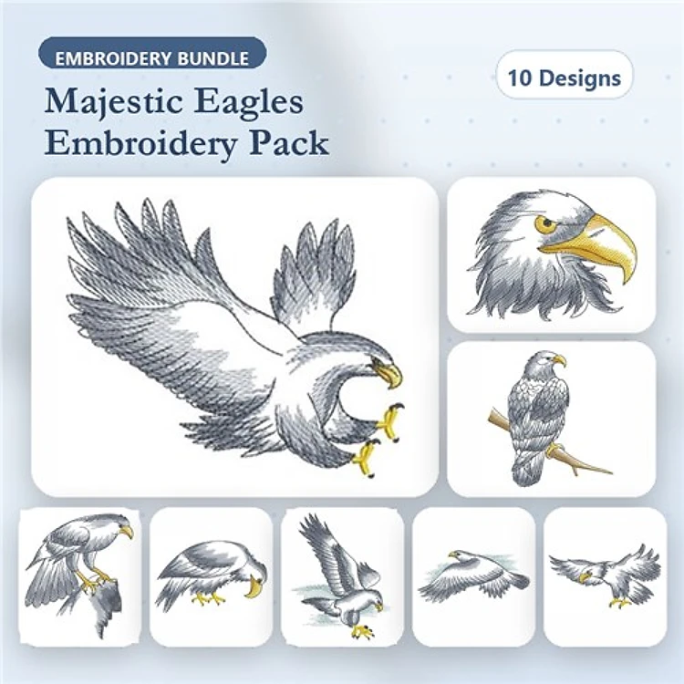 Majestic Eagles Embroidery Designs Bundle – Eagle in Flight, Bald Eagle Head, Eagle Landing & More (10 Designs)
