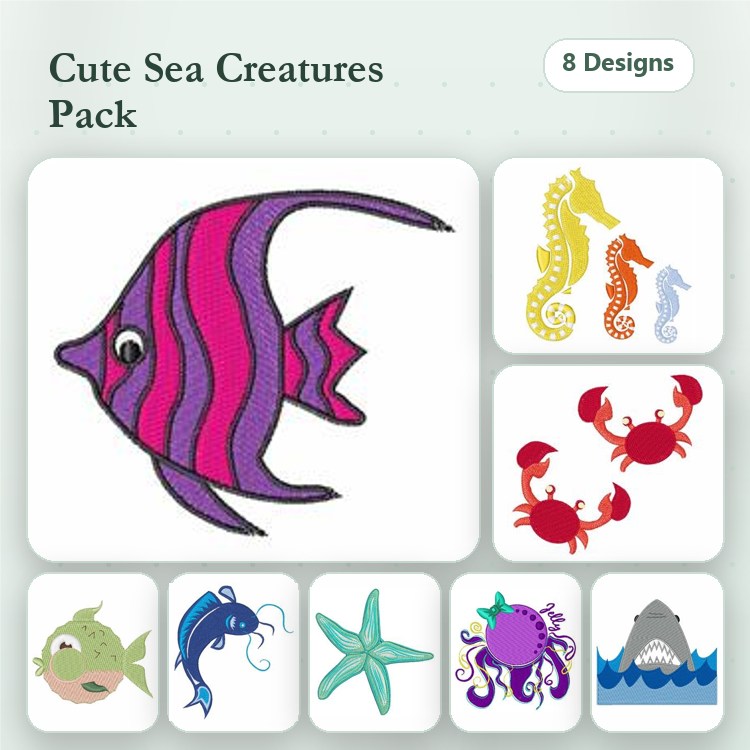 Sea Creatures Embroidery Designs Bundle – Angelfish, Seahorse, Red Crab & More (35 Designs)