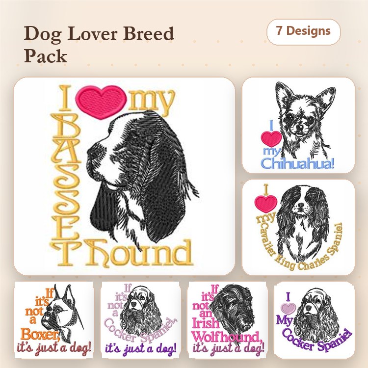 Chihuahua, Basset Hound & Cavalier King Charles Spaniel Embroidery Bundle – Dog Breeds (6 Designs)