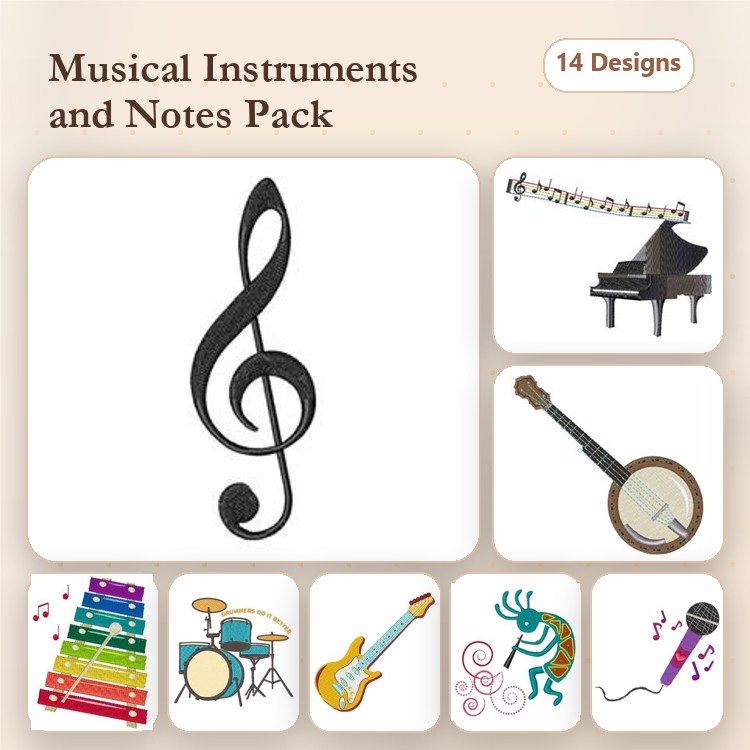 Musical Instruments Embroidery Bundle – Treble Clef, Piano, Electric Guitar & More (24 Designs)