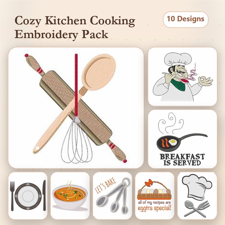 Kitchen Cooking Utensils Embroidery Designs Bundle – Rolling Pin, Whisk, Wooden Spoon & More (23 Designs)