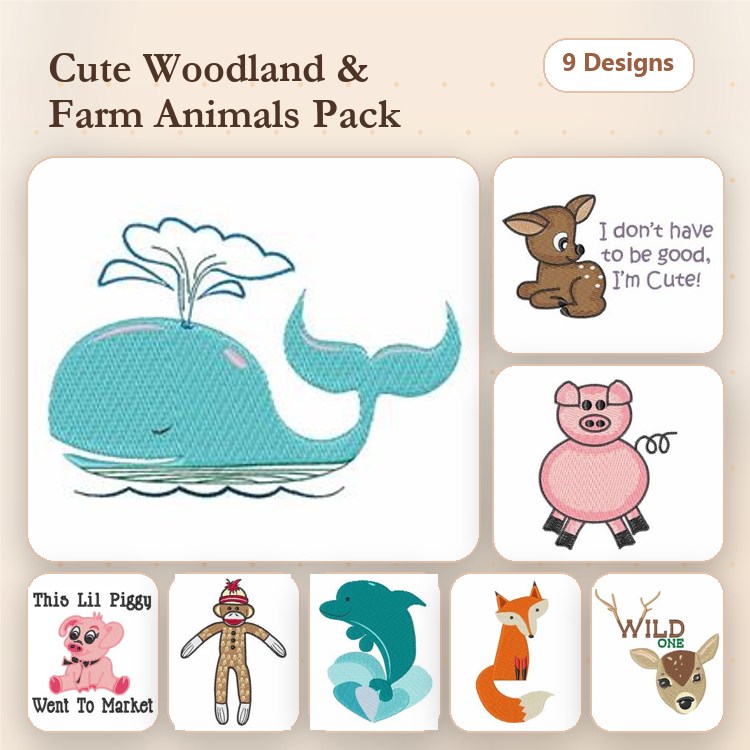 Cute Woodland & Farm Animals Embroidery Designs Bundle – Whale, Deer, Pig, Dolphin & More (13 Designs)