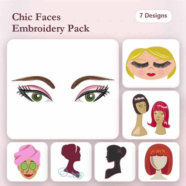 Chic Faces and Hairstyles Embroidery Designs Bundle – Eye Makeup Vision, Blonde Hairstyle, Redhead Silhouette & More (13 Designs)