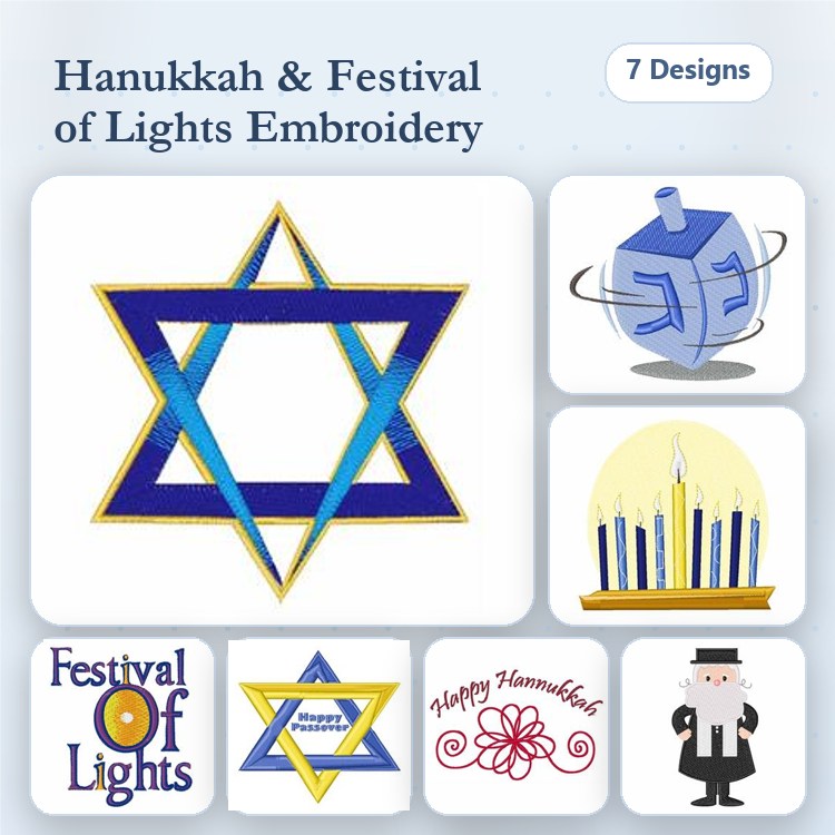 Hanukkah & Festival of Lights Embroidery Bundle – Star of David, Dreidel Icon, Menorah with Candles & More (12 Designs)
